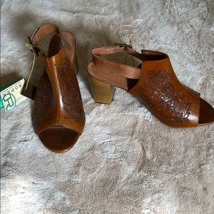 Tooled Brown Leather Heels